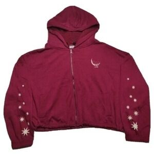 Mighty Fine LA LUNE MOON Burgundy Faux Fur Hood Crop Zip Hoodie- Women 2XL NEW